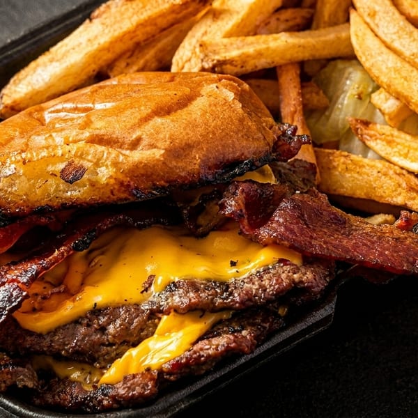 Close-up of a double cheeseburger with bacon and fries in a black takeout container.